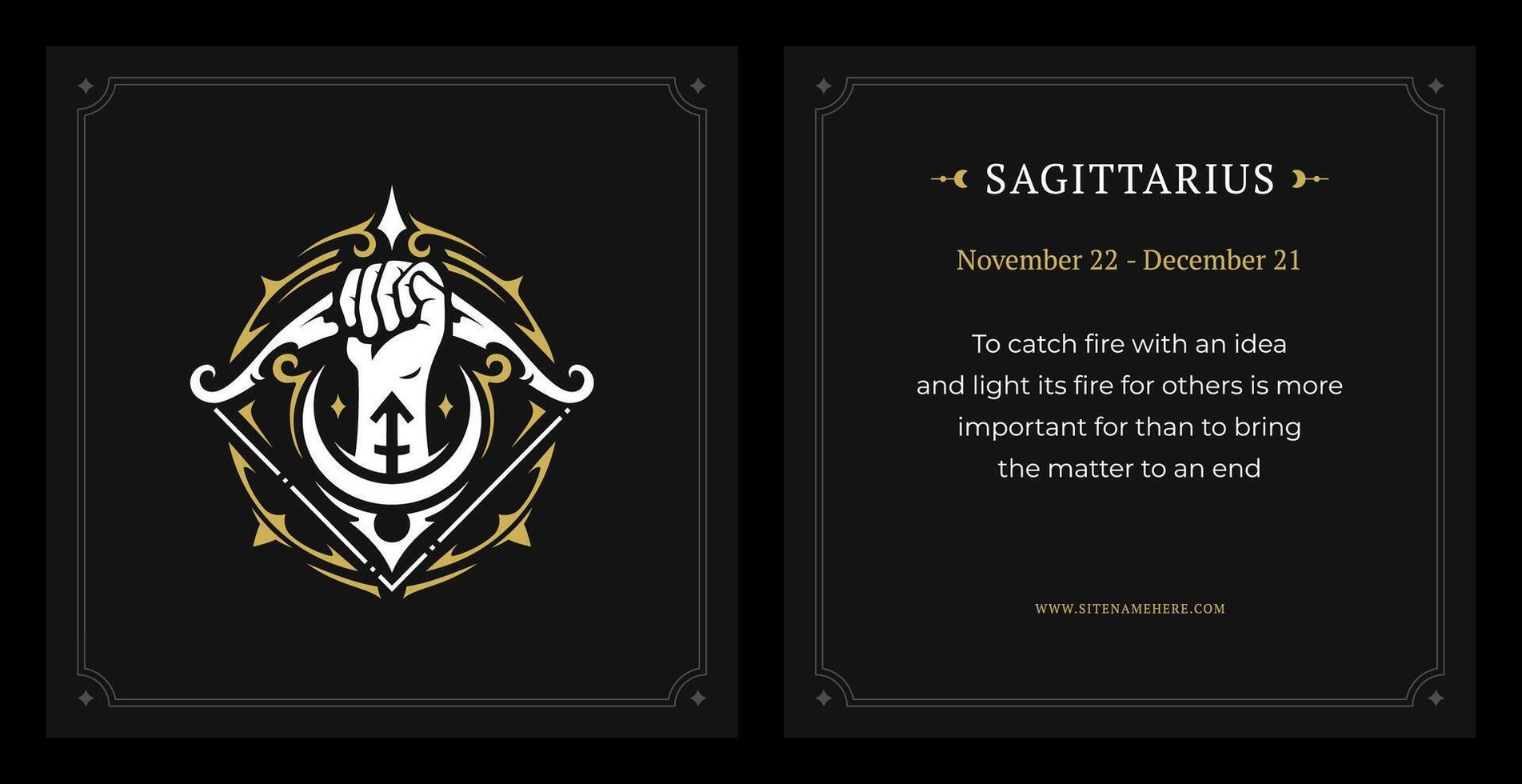 Sagittarius zodiac astrology data description vintage black card design template set vector