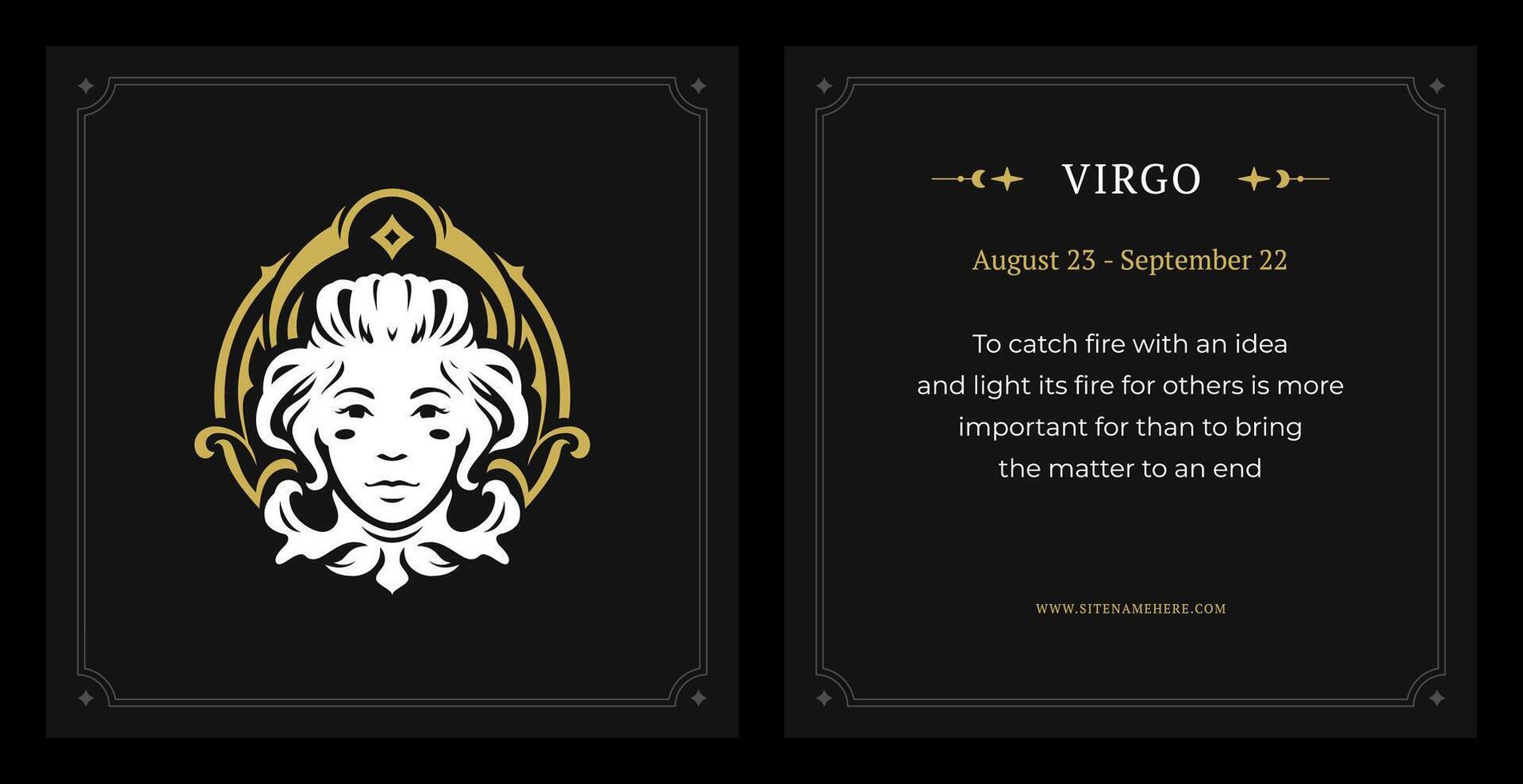 Virgo zodiac symbol lunar data horoscope description vintage black card design template set vector