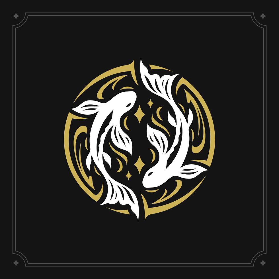 Pisces zodiac mythology horoscope art deco symbol vintage black card design illustration vector