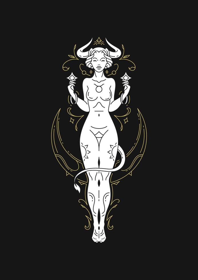 Taurus woman goddess zodiac antique bull with horns tail line art deco symbol illustration vector