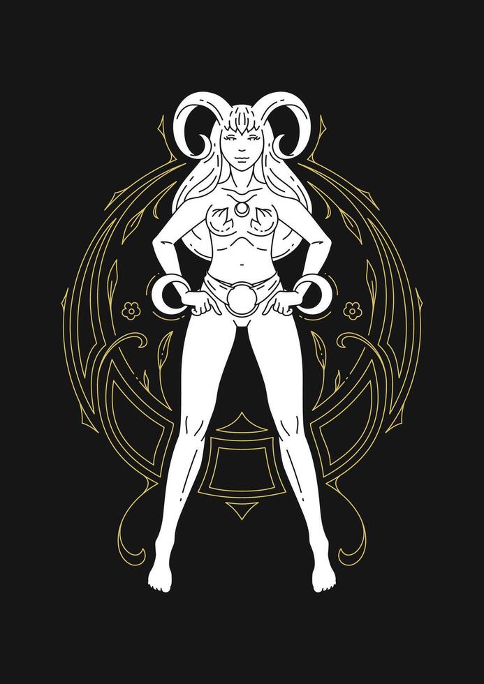 Aries woman zodiac antique goddess floral line art deco ornate contoured silhouette vector