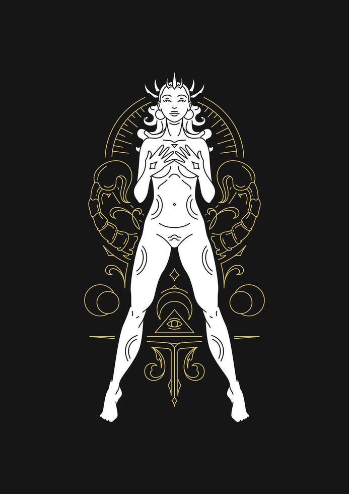 Scorpio woman goddess mythology zodiac astrology line art deco silhouette illustration vector