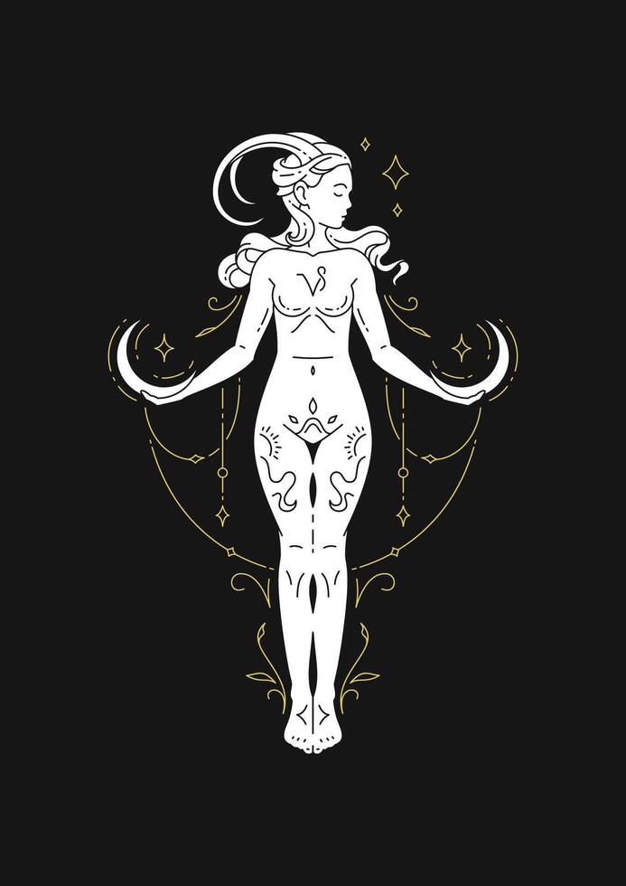 Capricorn woman antique goddess zodiac astrology line art deco celestial silhouette vector
