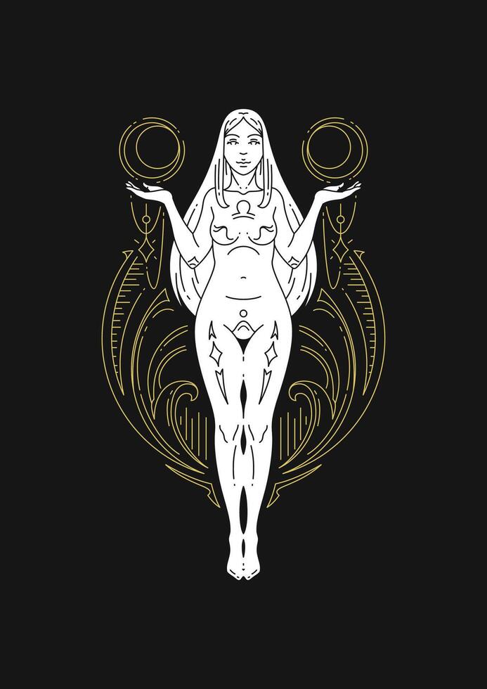 Libra woman antique goddess zodiac astrology line art deco mythology contoured silhouette vector