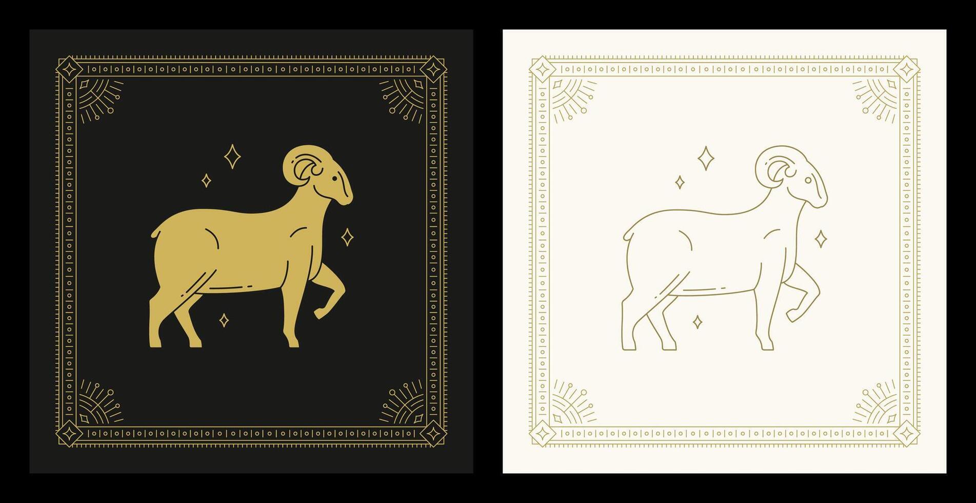 Aries zodiac astrology symbol antique decorative frame line art deco vintage card design set vector
