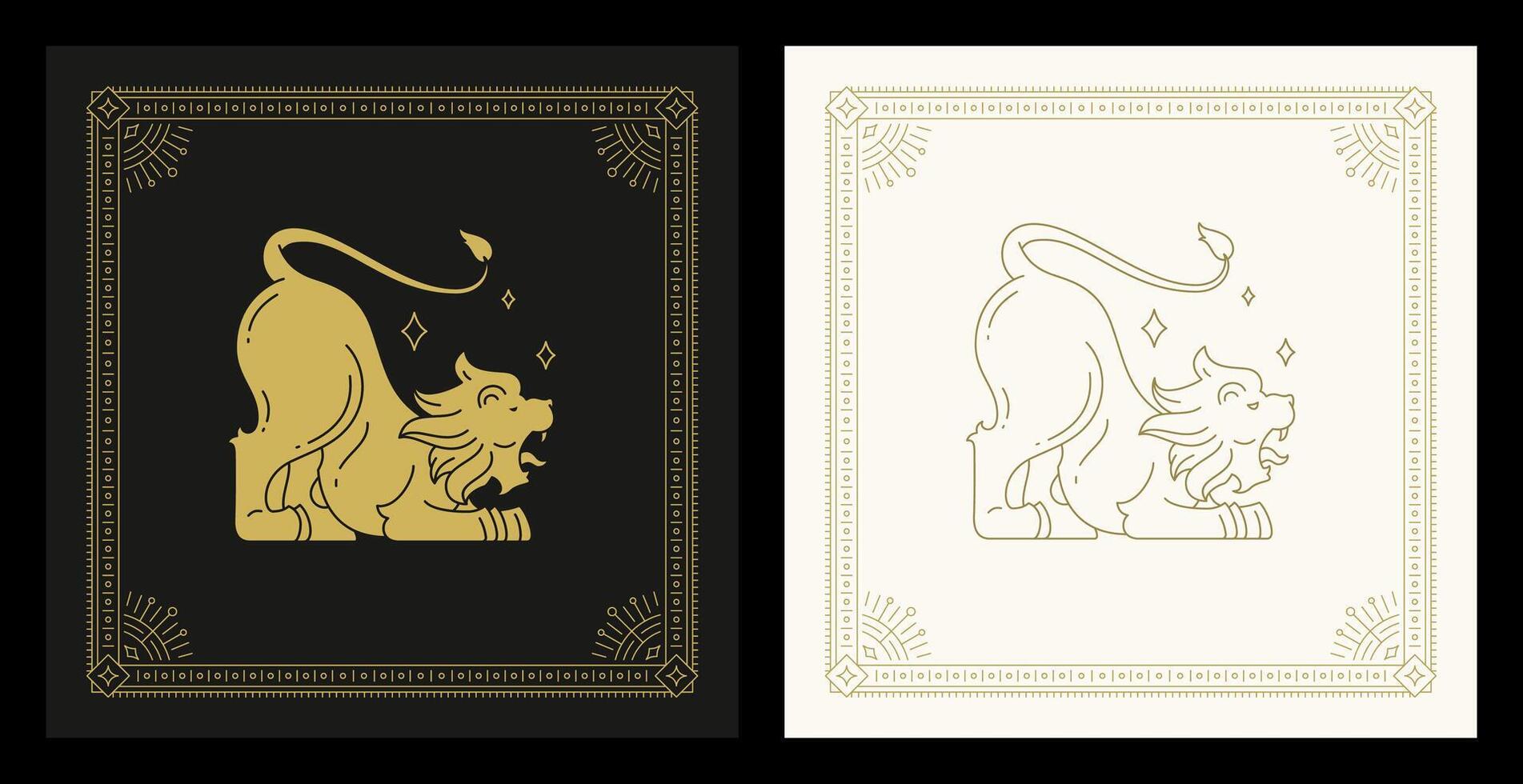 Leo zodiac roaring astrology animal character line art deco vintage card set illustration vector