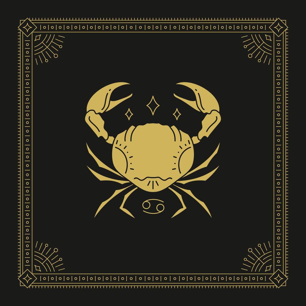 Cancer zodiac horoscope crayfish celestial lunar calendar line art deco vintage card design vector