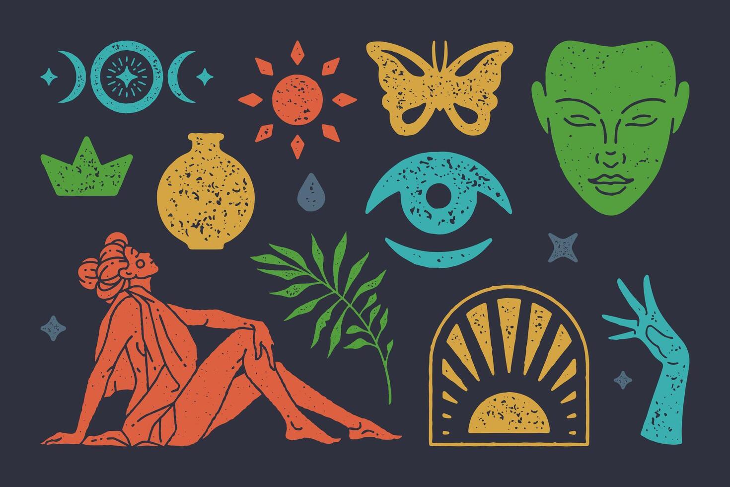 Bohemian textured symbols set. Solar mystical gate with boho meditative face. Seated antique woman in cape vector