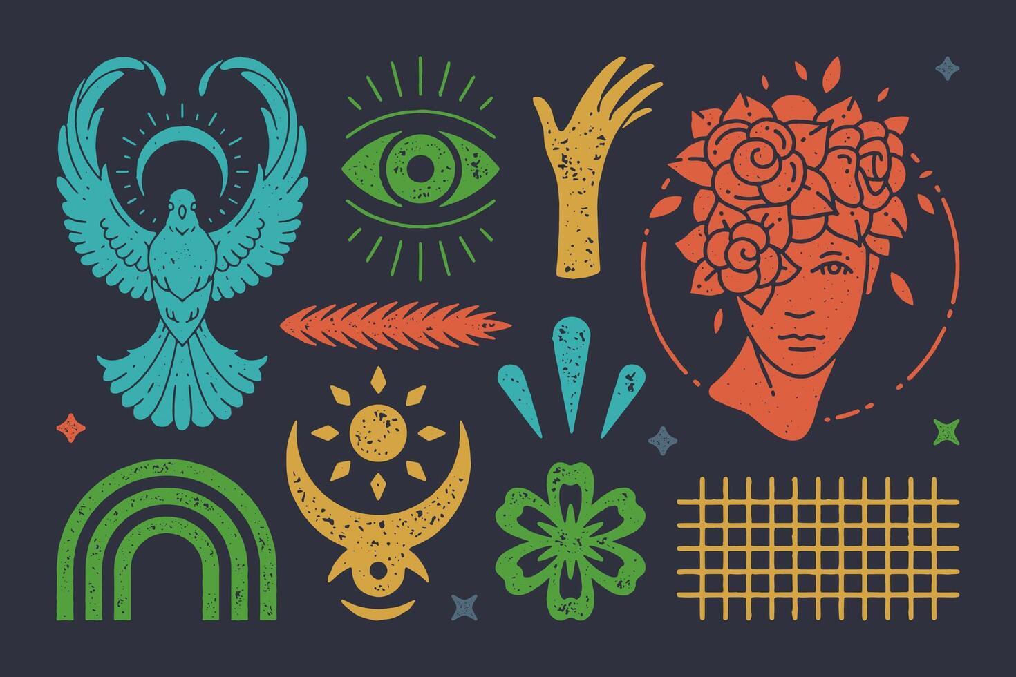 Taking off mystical dove with boho crescent. Antique head of woman and all seeing eye. textured symbols vector