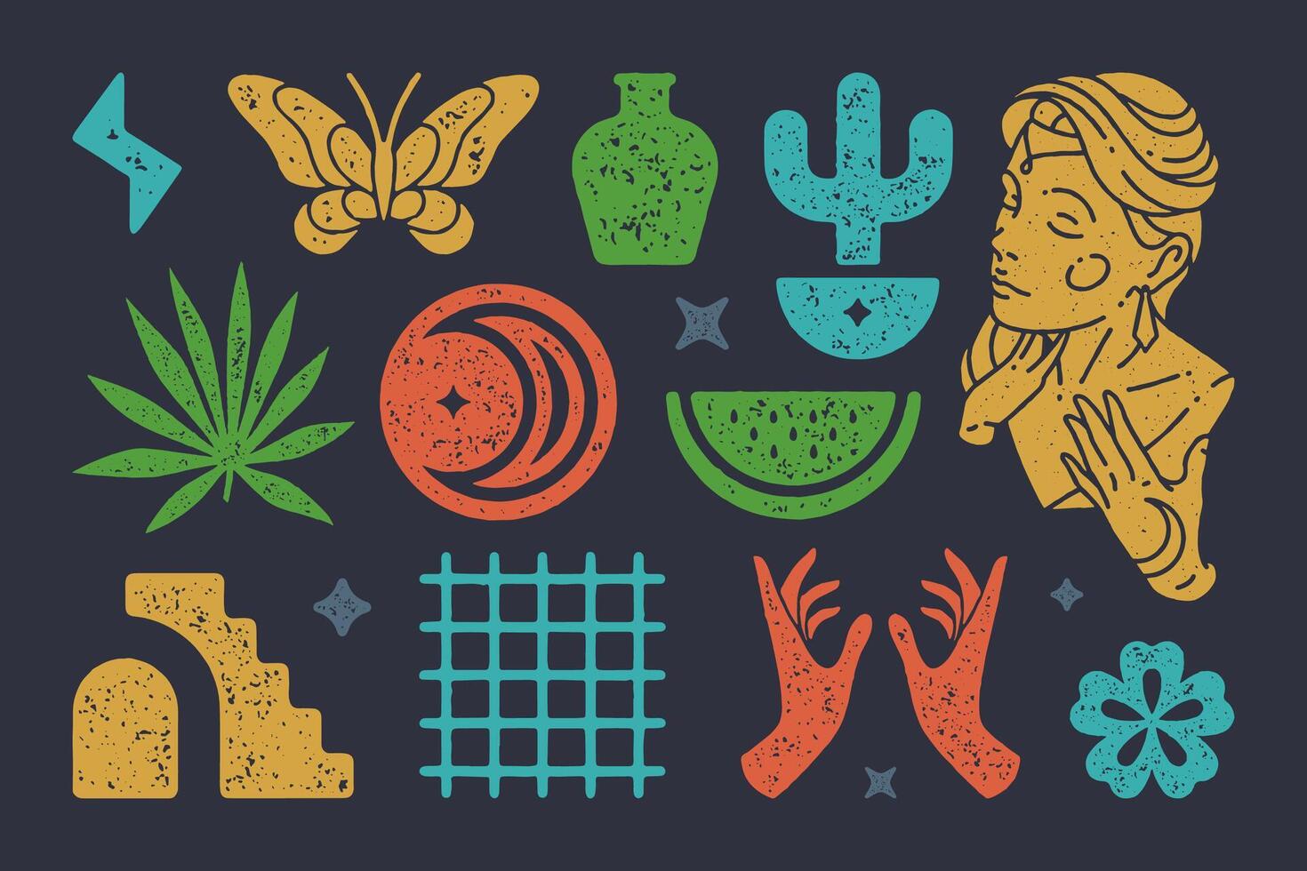 Magic boho textured colorful icon set. Antique woman portrait, crescent moon, witchcraft symbols vector