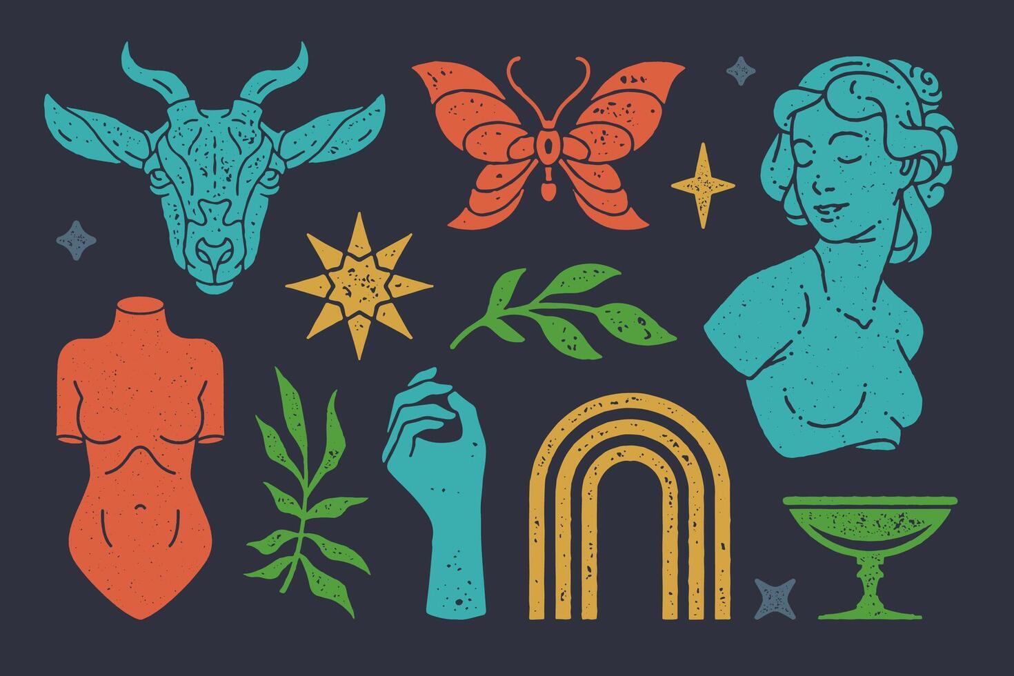 Antique female sculpture with mystical arched boho gates. colorful textured symbols on black background vector
