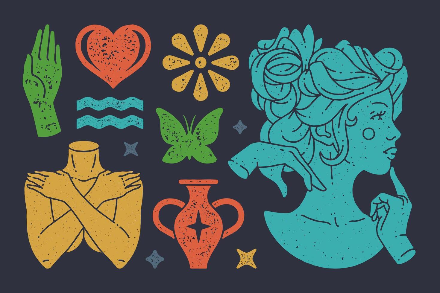 Antique sculpture holding shoulders and boho mystical amphora. Bust of pensive woman with butterfly. symbols set vector