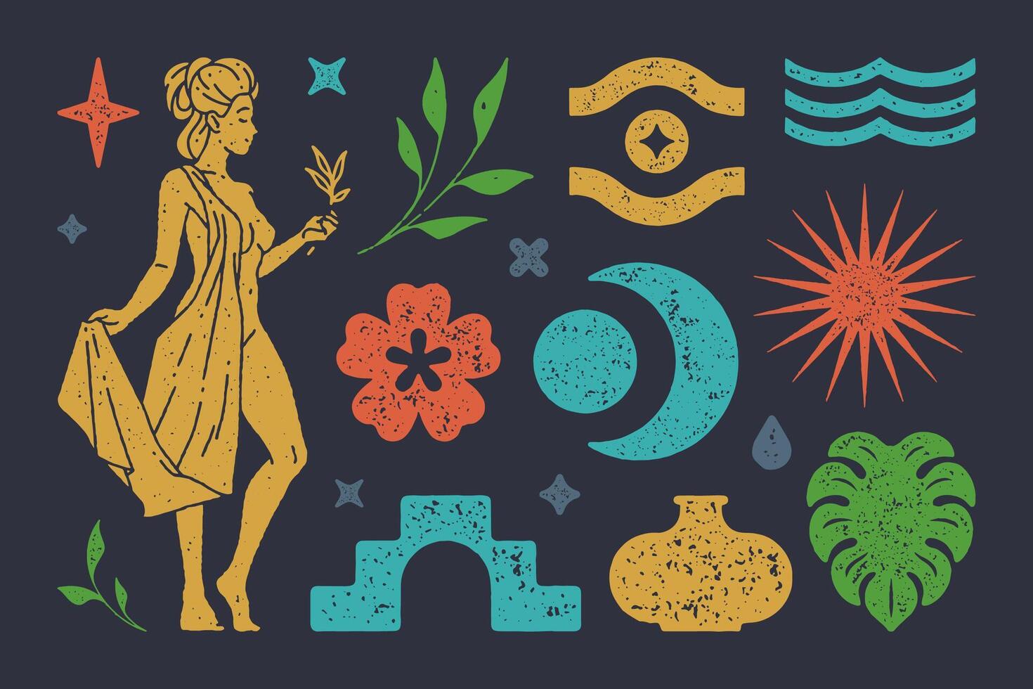 Girl in antique cape and boho symbol of water. Abstract crescent moon with poppy flower vector