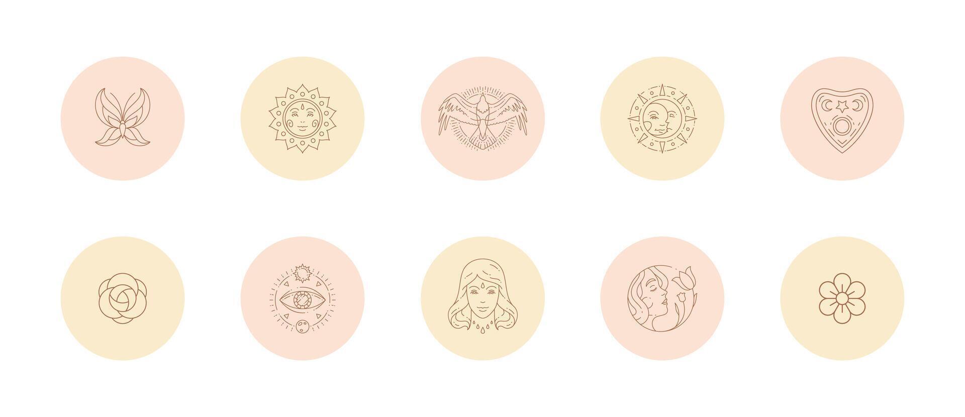 Set of icons and emblems for social media stories highlight covers in line art style illustration. vector