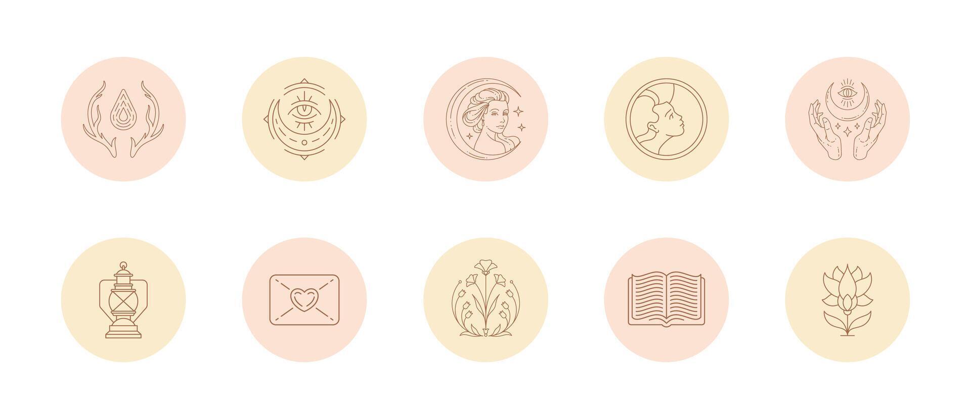 Set of icons and emblems for social media stories highlight covers in linear style illustration. vector
