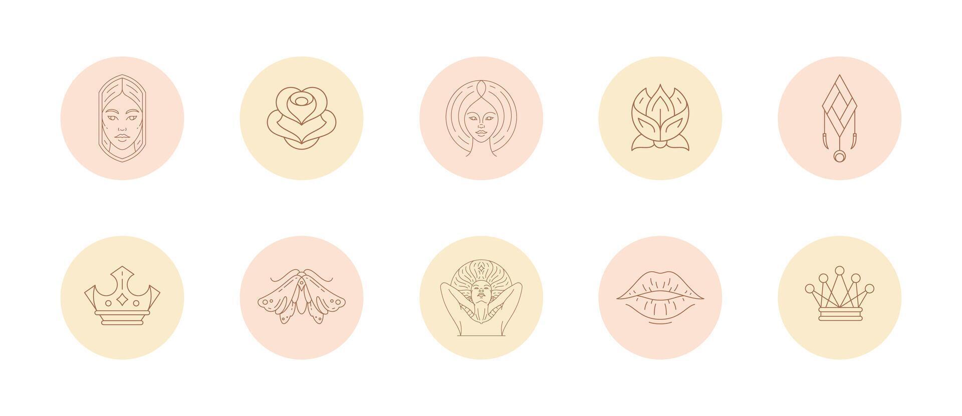 Set of icons and emblems for social media stories highlight covers in linear style illustration. vector