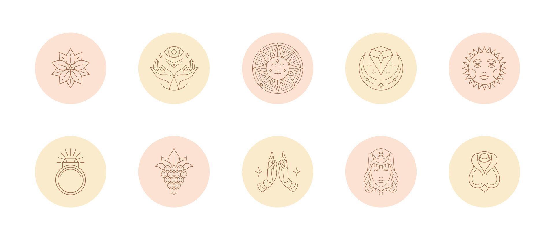Set of icons and emblems for social media stories highlight covers in linear style illustration. vector