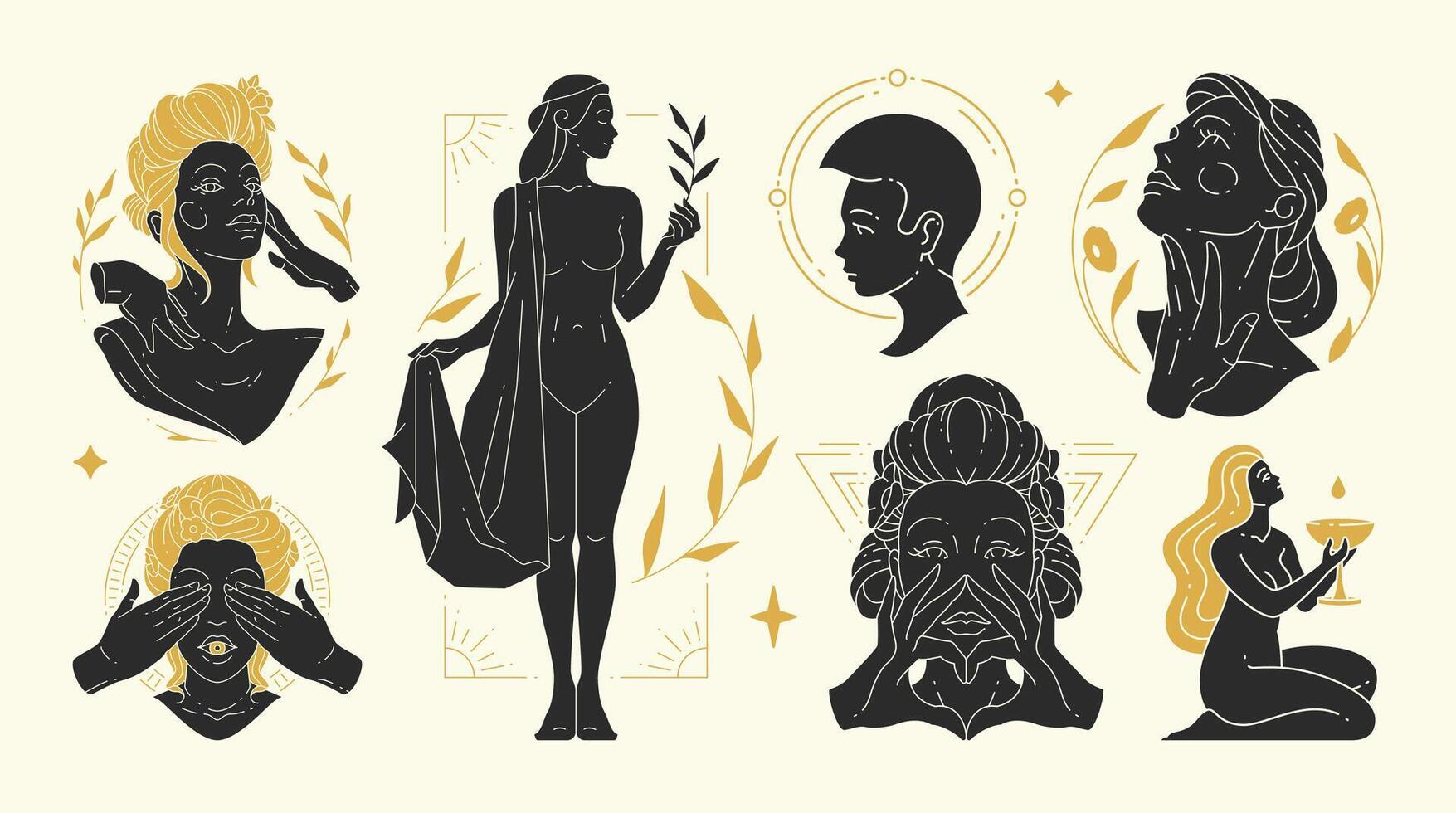 Magic woman illustrations of graceful feminine women and esoteric symbols set vector