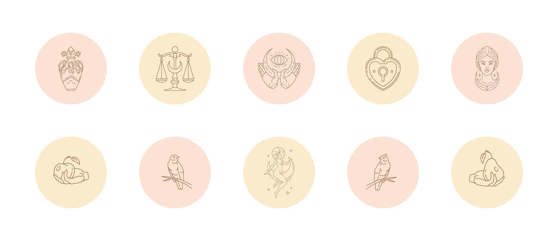 Set of icons and emblems for social media stories highlight covers in linear style illustration vector