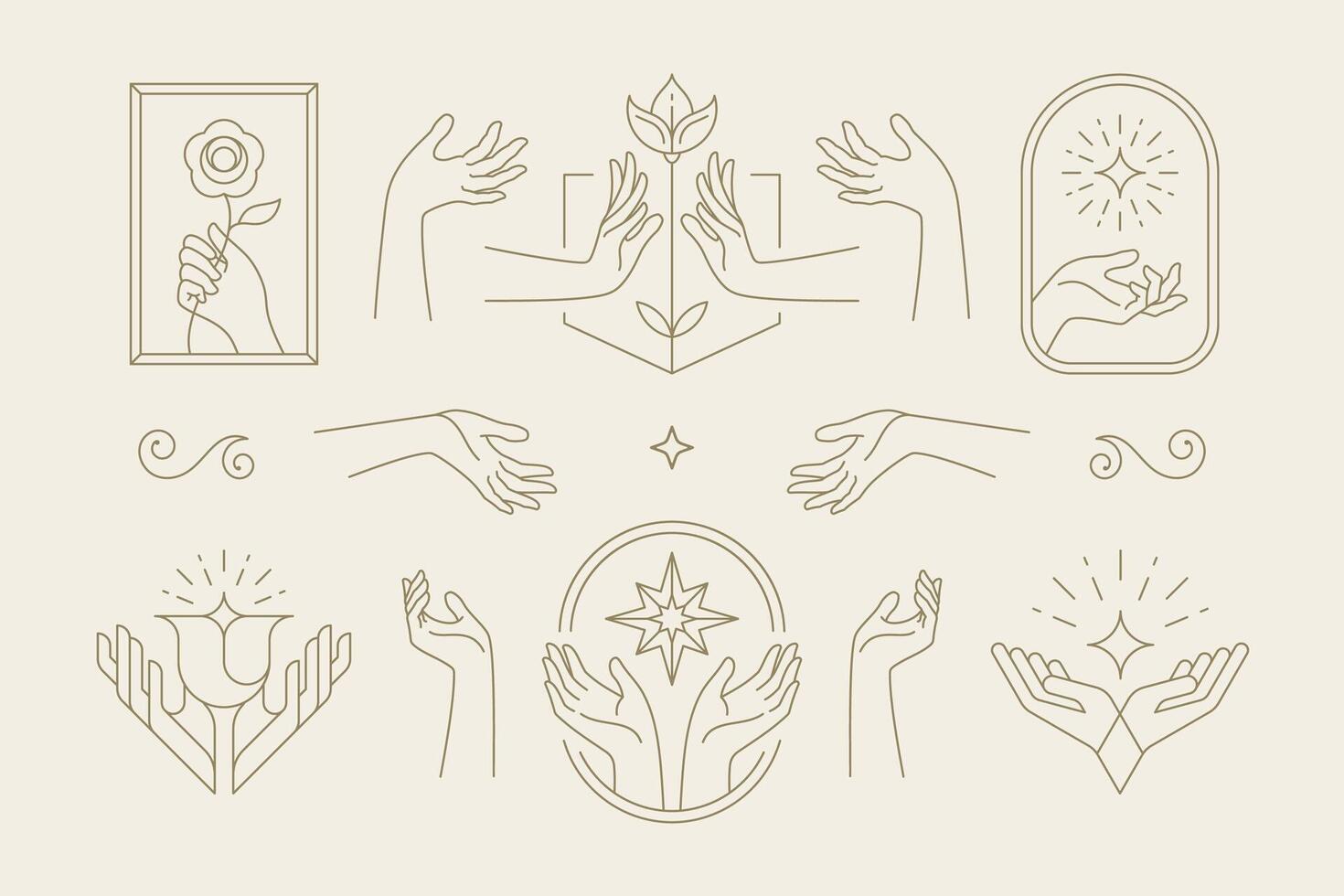 Female hands gestures collection of line art hand drawn style illustrations. vector