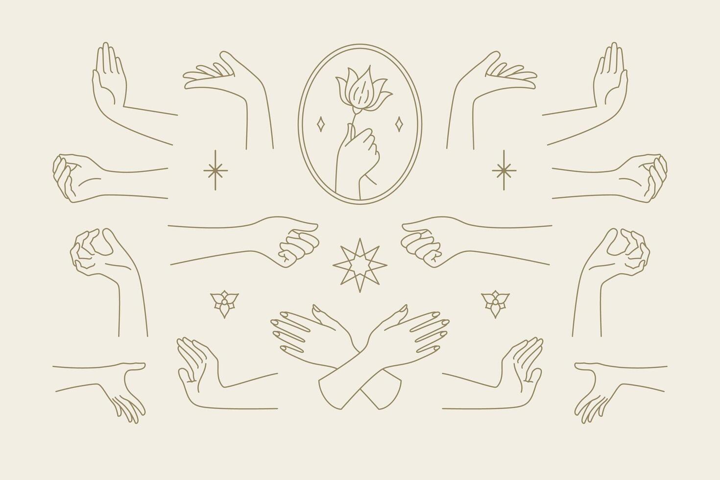 Female hands gestures collection of line art hand drawn style illustrations. vector