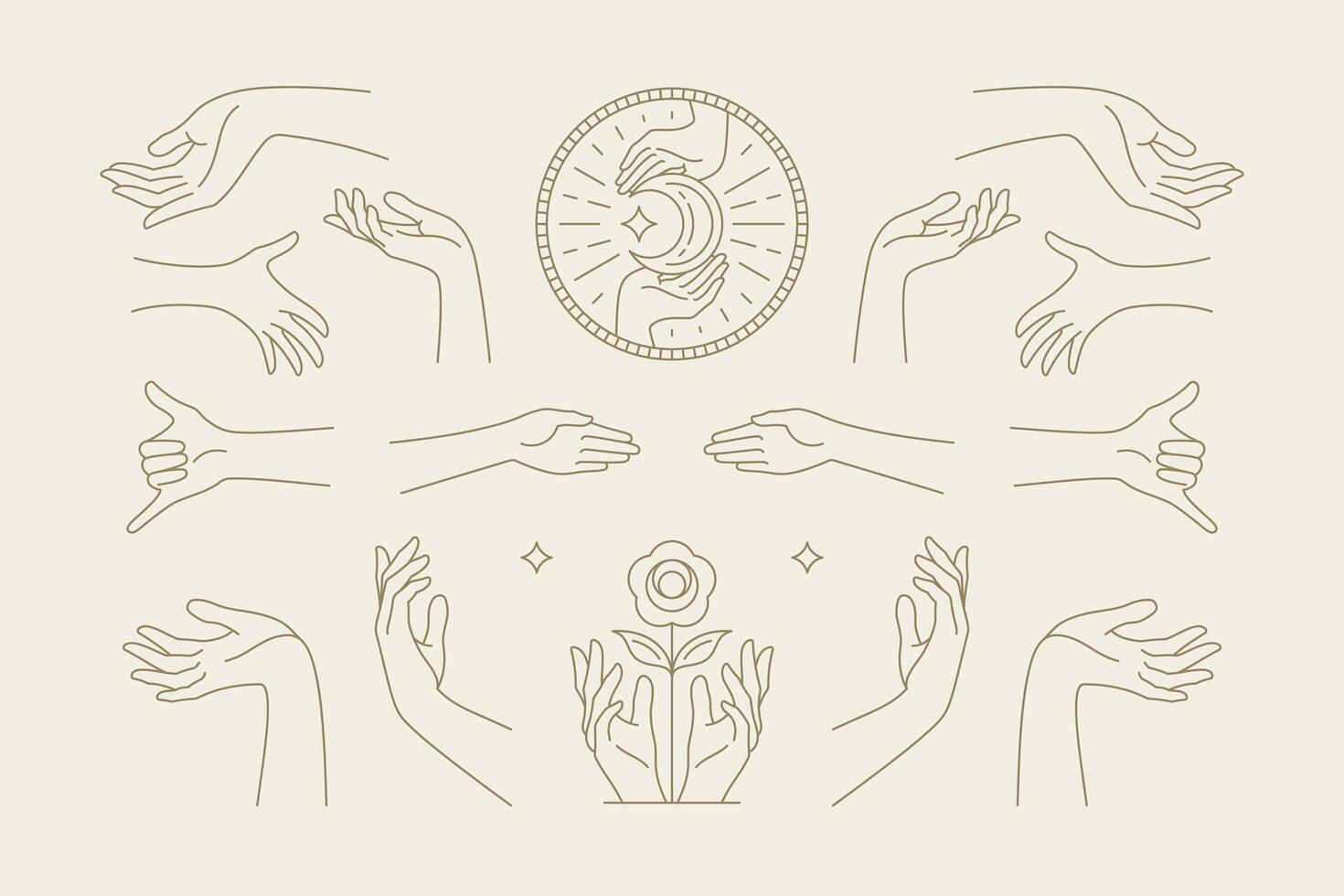 Female hands gestures collection of line art hand drawn style illustrations. vector