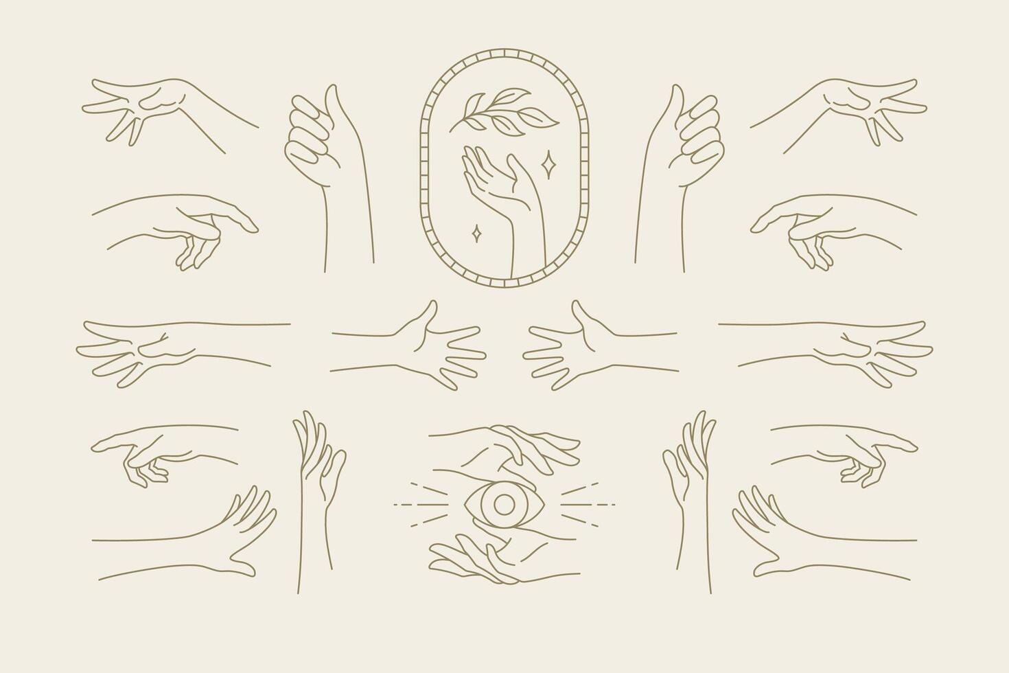 Female hands gestures collection of line art hand drawn style illustrations. vector