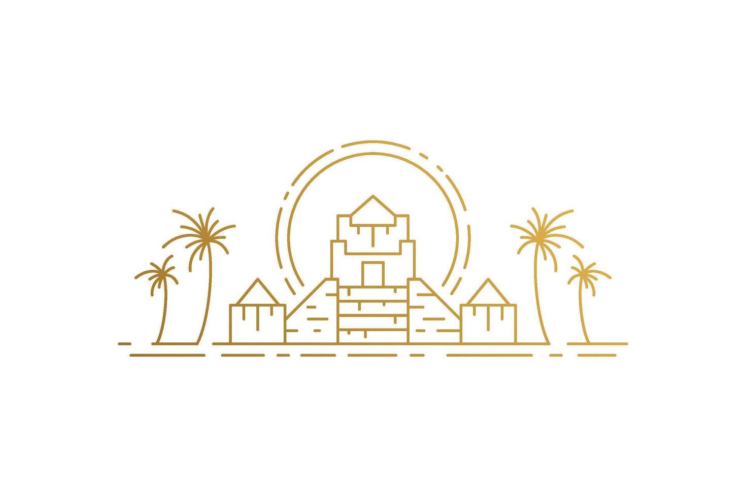 Egyptian pyramid and palms and sun silhouette linear illustration. vector