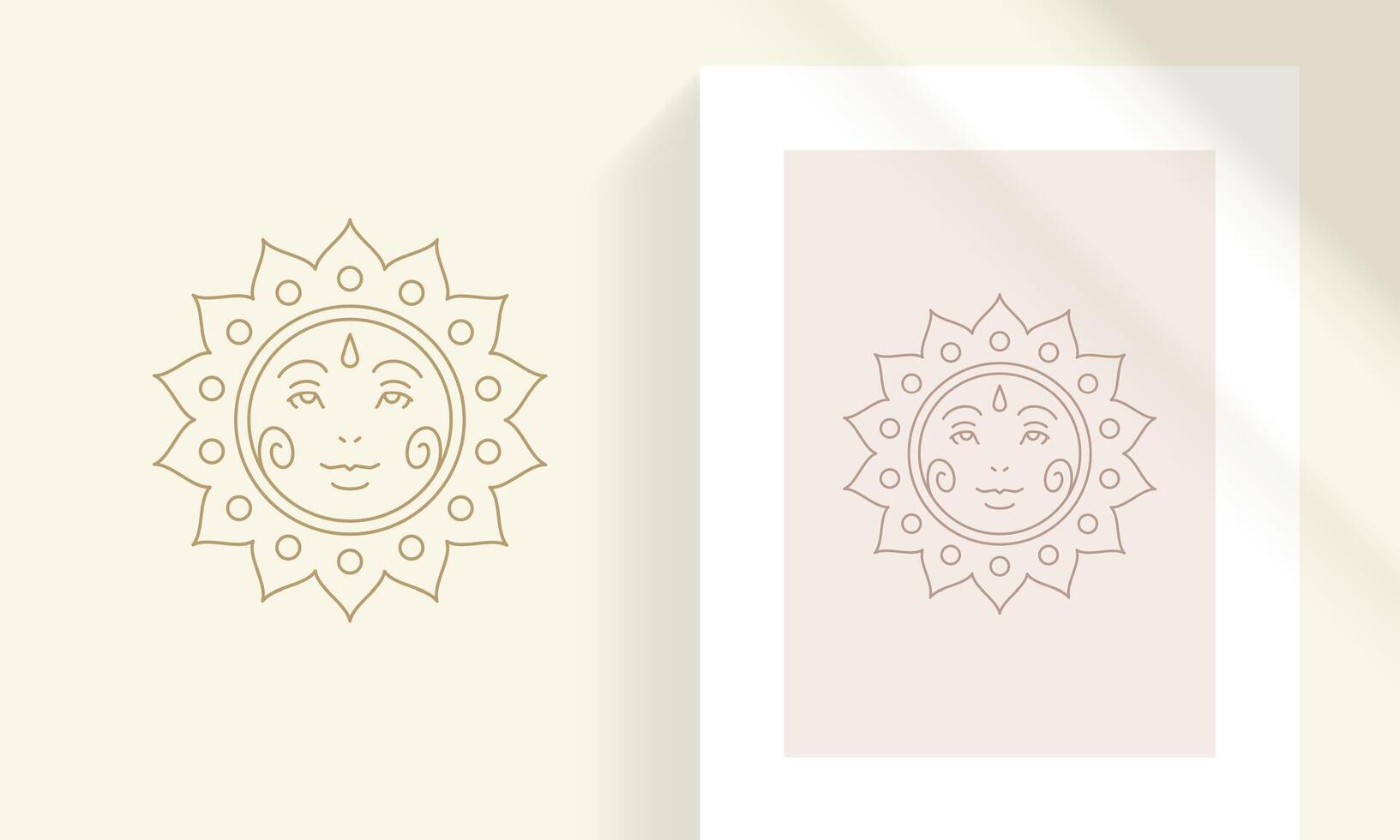 Abstract sun with human face silhouette linear illustration. vector