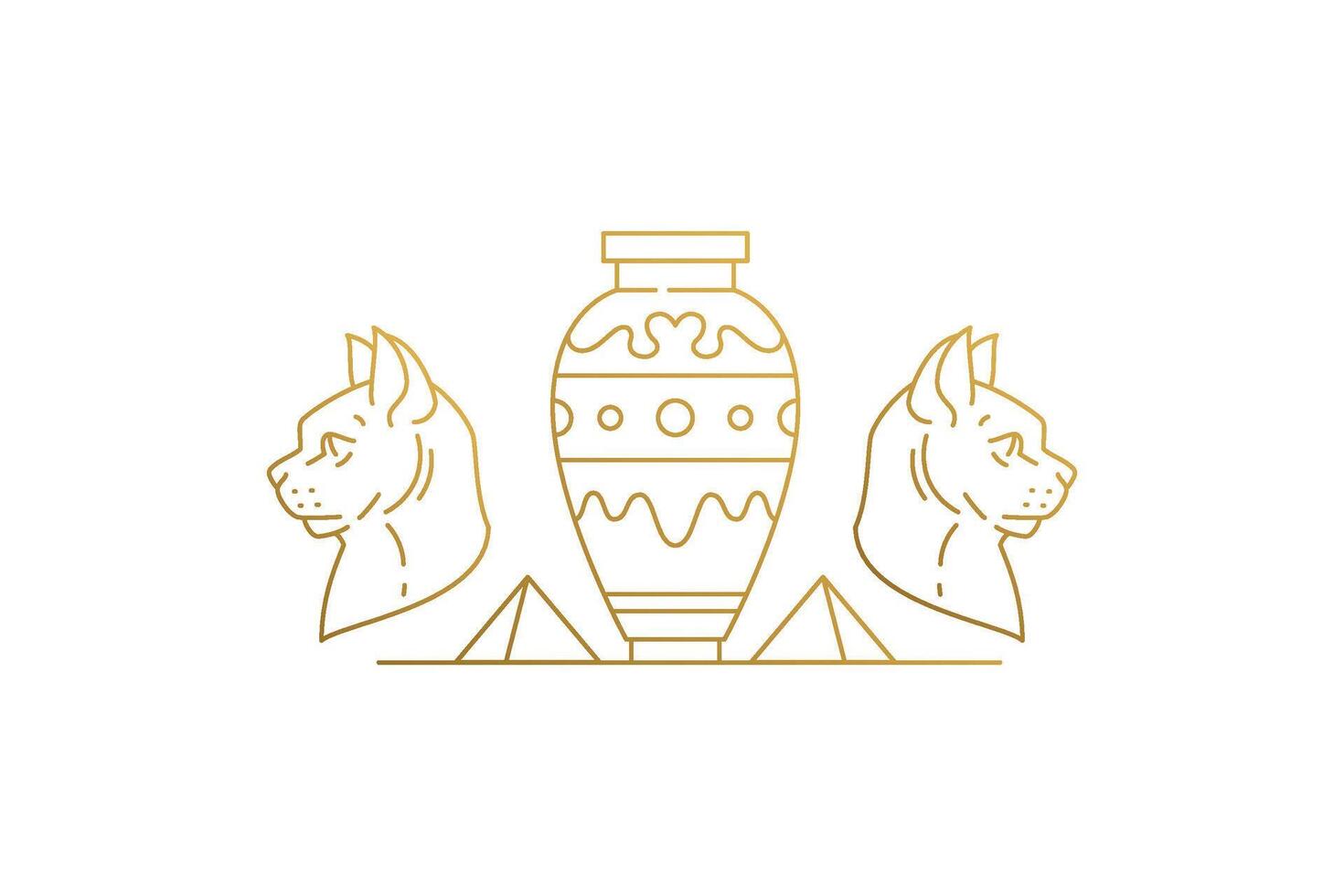 Cat heads near vase and pyramids silhouette linear illustration vector