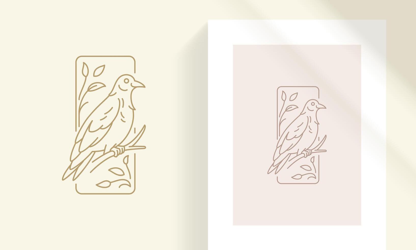 Bird sitting on branch silhouette linear illustration. vector