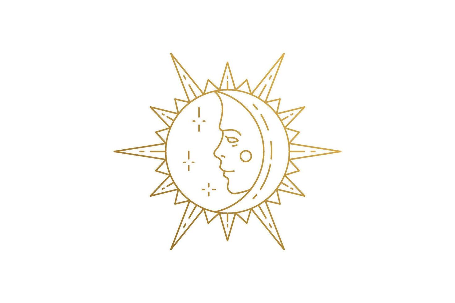 Sun and moon with face silhouette linear illustration. vector