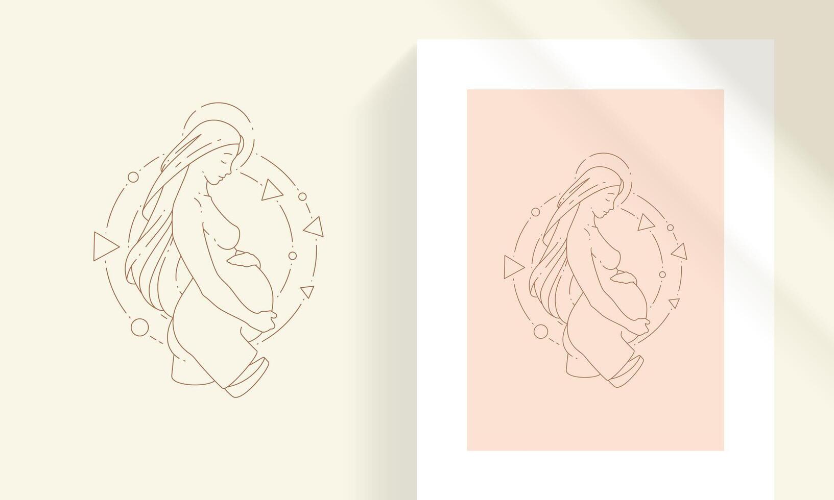Pregnant female embracing belly line art style illustration vector