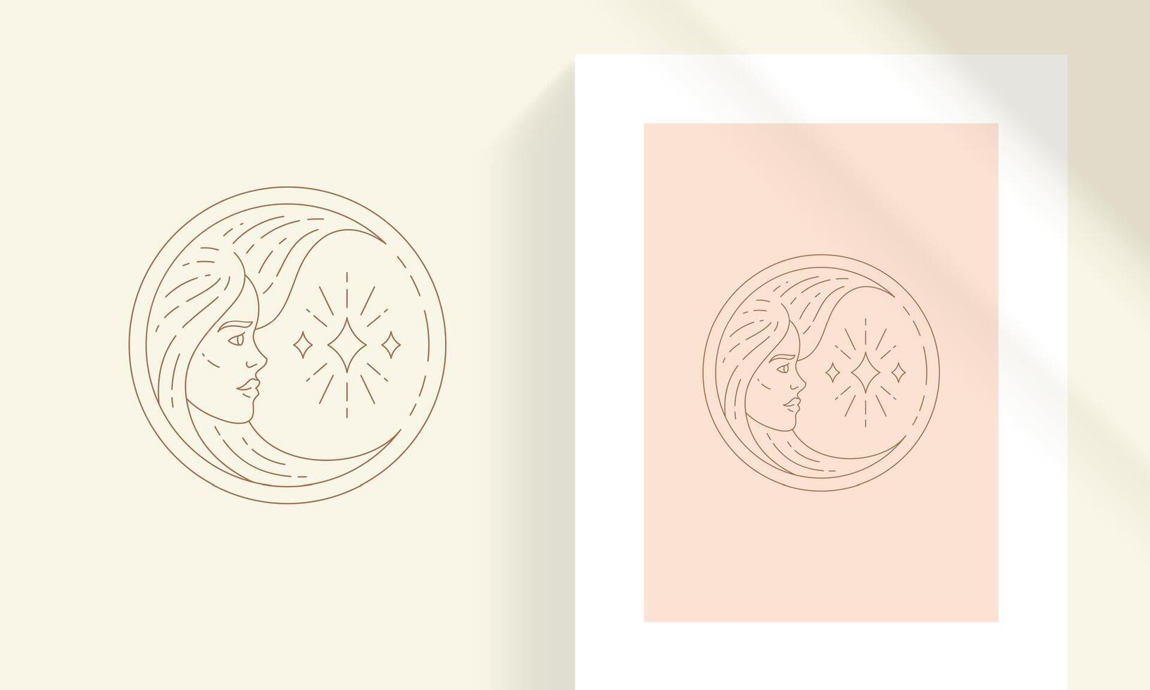 Female face and shiny crystal in round frame line art style illustration vector