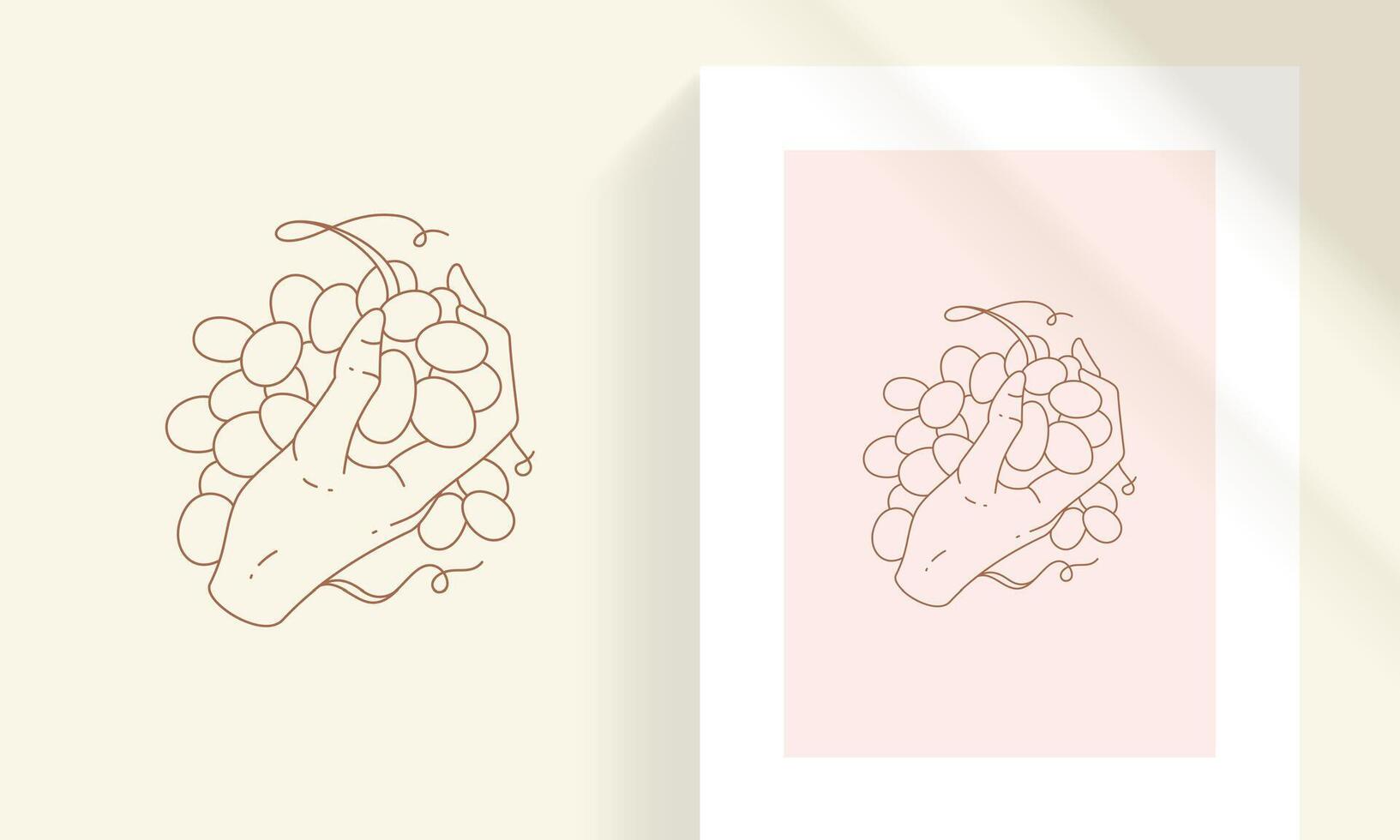 Bunch of ripe fresh grape in human hand line art style illustration vector