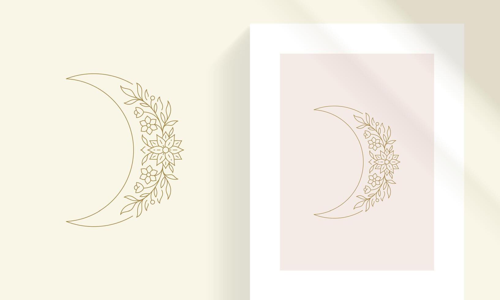 Magic crescent moon with floral wreath line art style illustration vector
