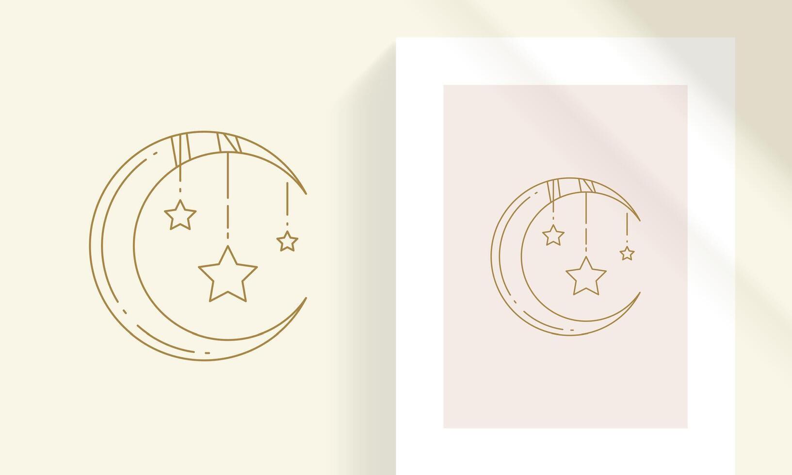 Crescent moon and stars line art style illustration vector