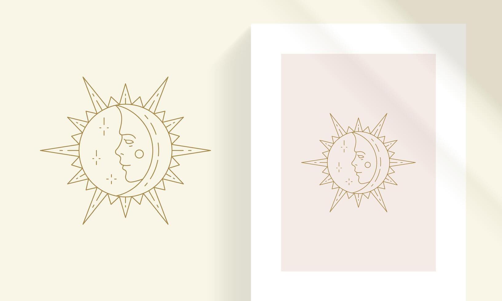 Sun and crescent moon with female face line art style illustration vector
