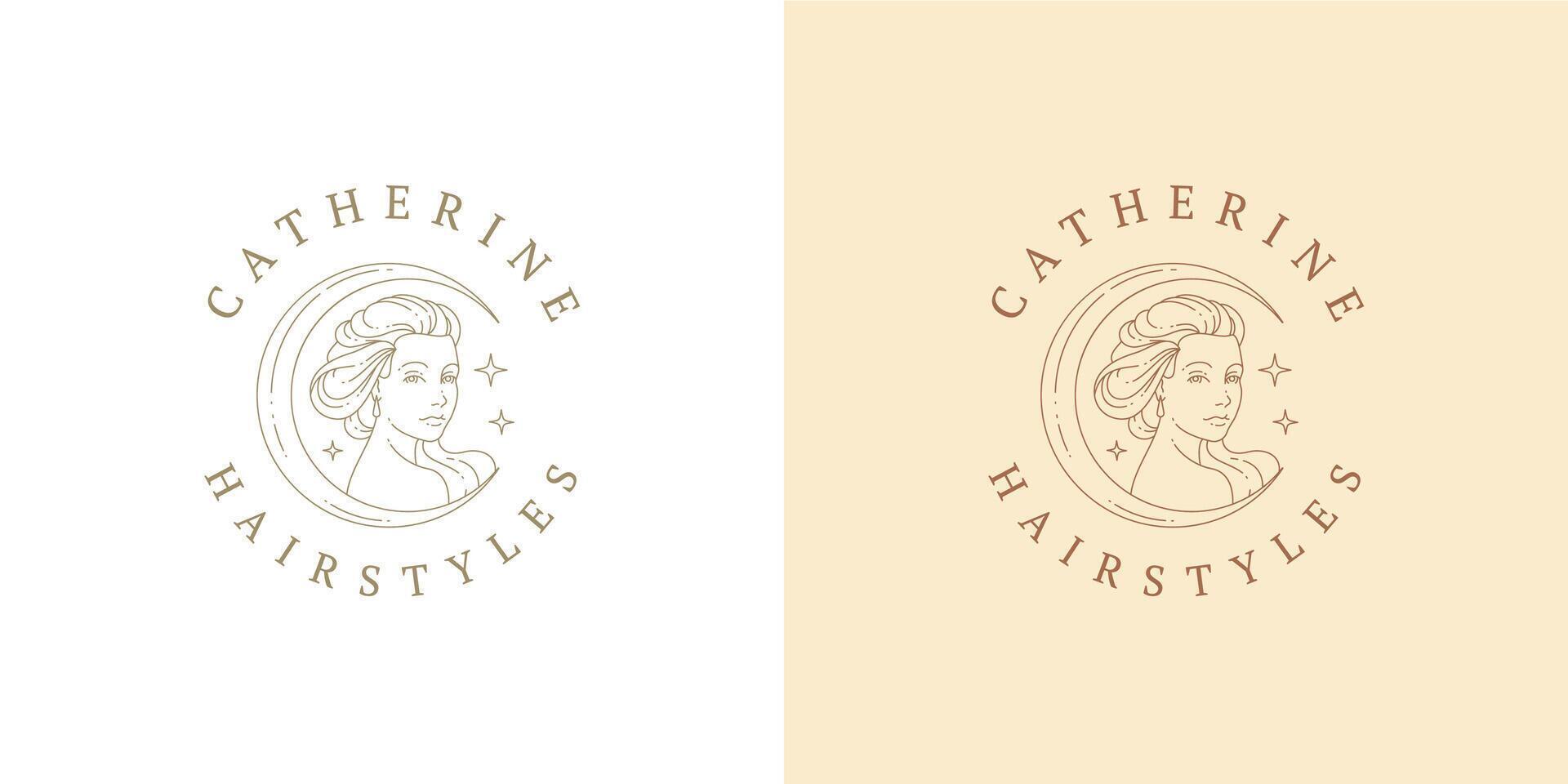 Female portrait as moon crescent logo emblem design template illustration in minimal line art style. vector