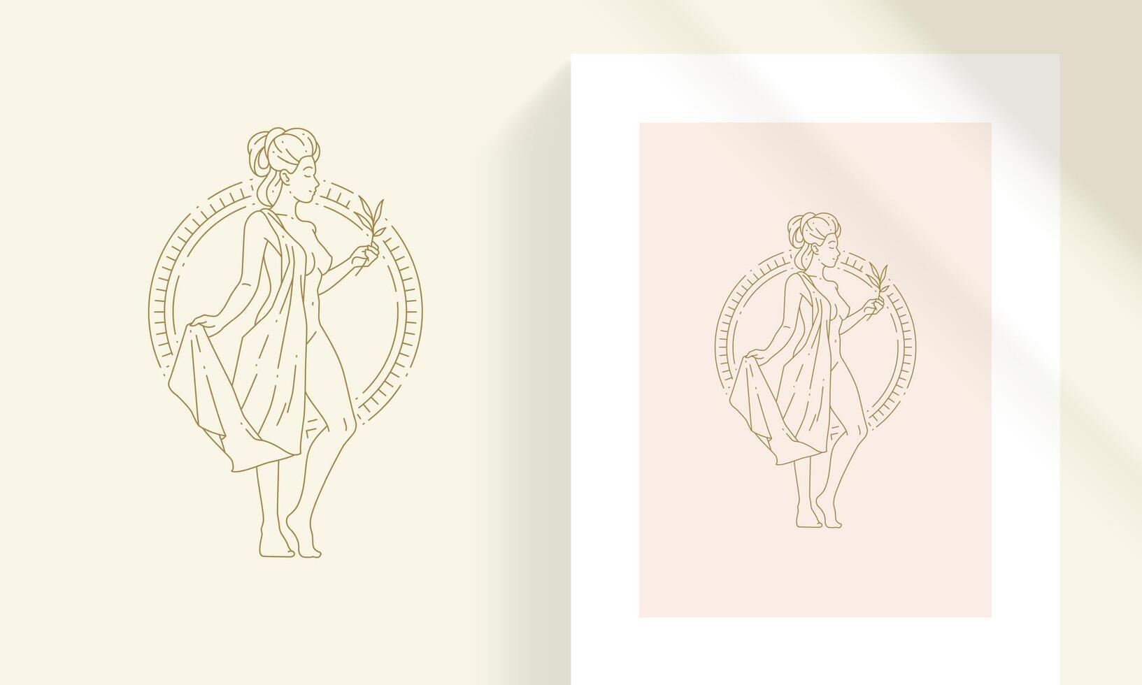 Beautiful bohemian female goddess with branch and leaves line art style illustration vector