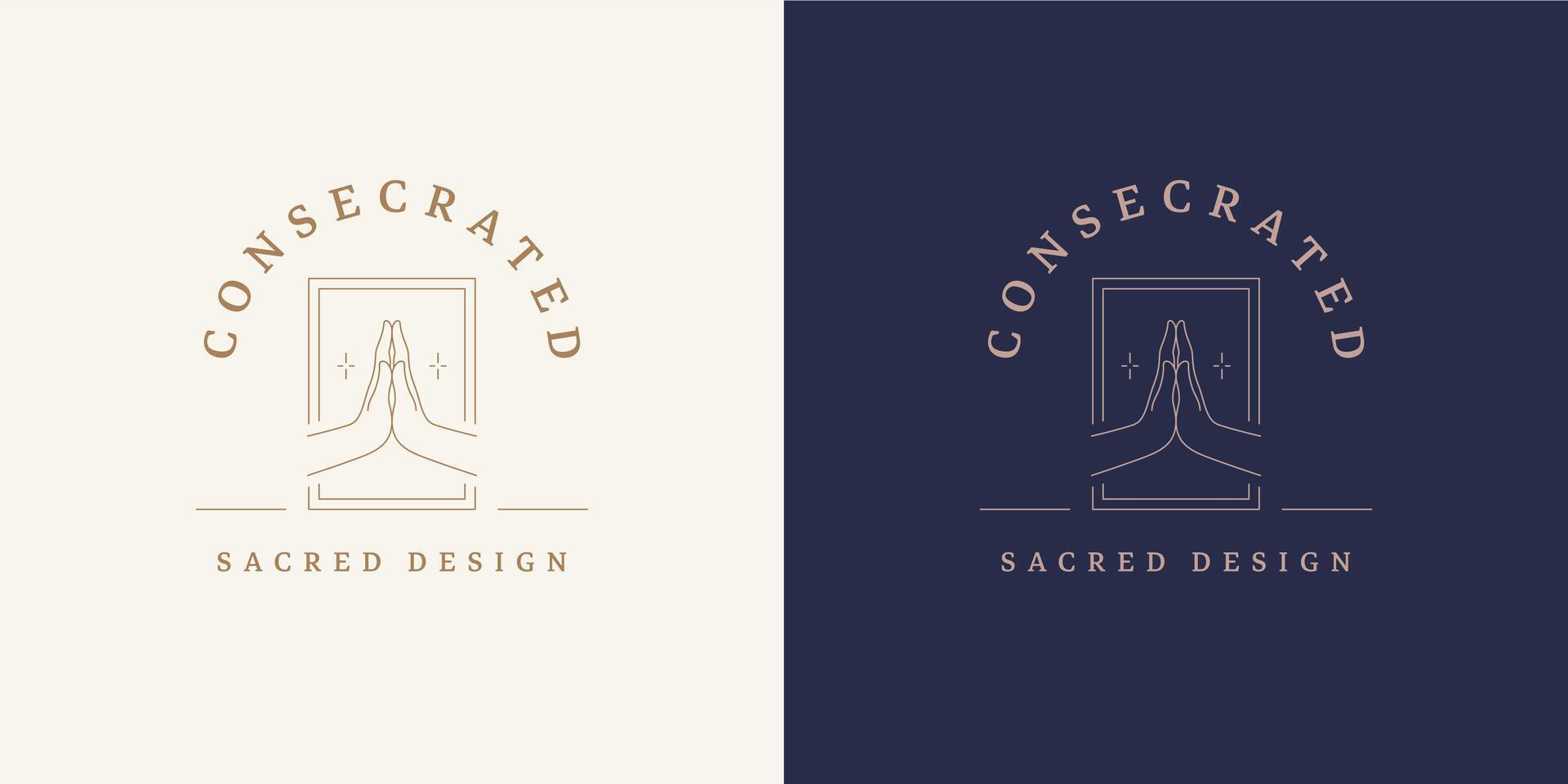 Pray hands gesture logo emblem design template illustration in minimal line art style vector