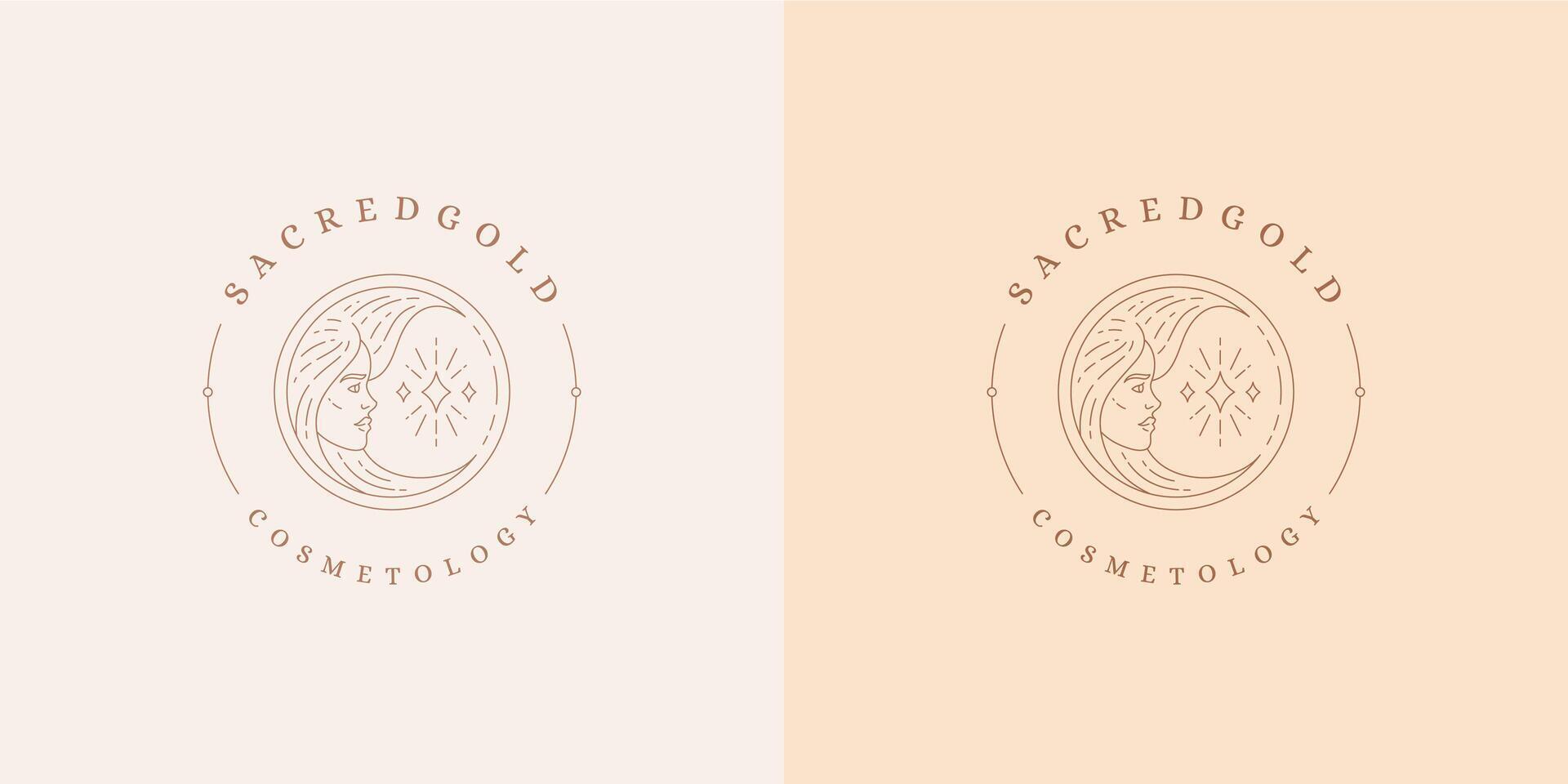 Female portrait as moon crescent logo emblem design template illustration in minimal line art style vector