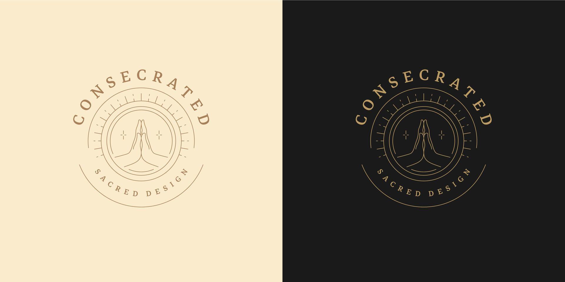Pray hands gesture crescent logo emblem design template illustration in minimal line art style. vector