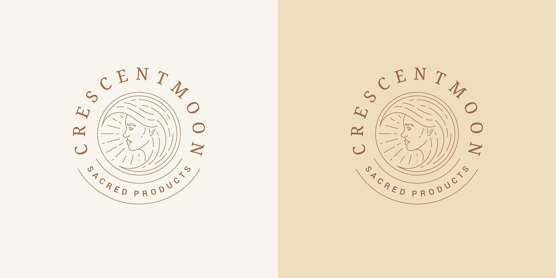 Female portrait as moon crescent logo emblem design template illustration in minimal line art style vector