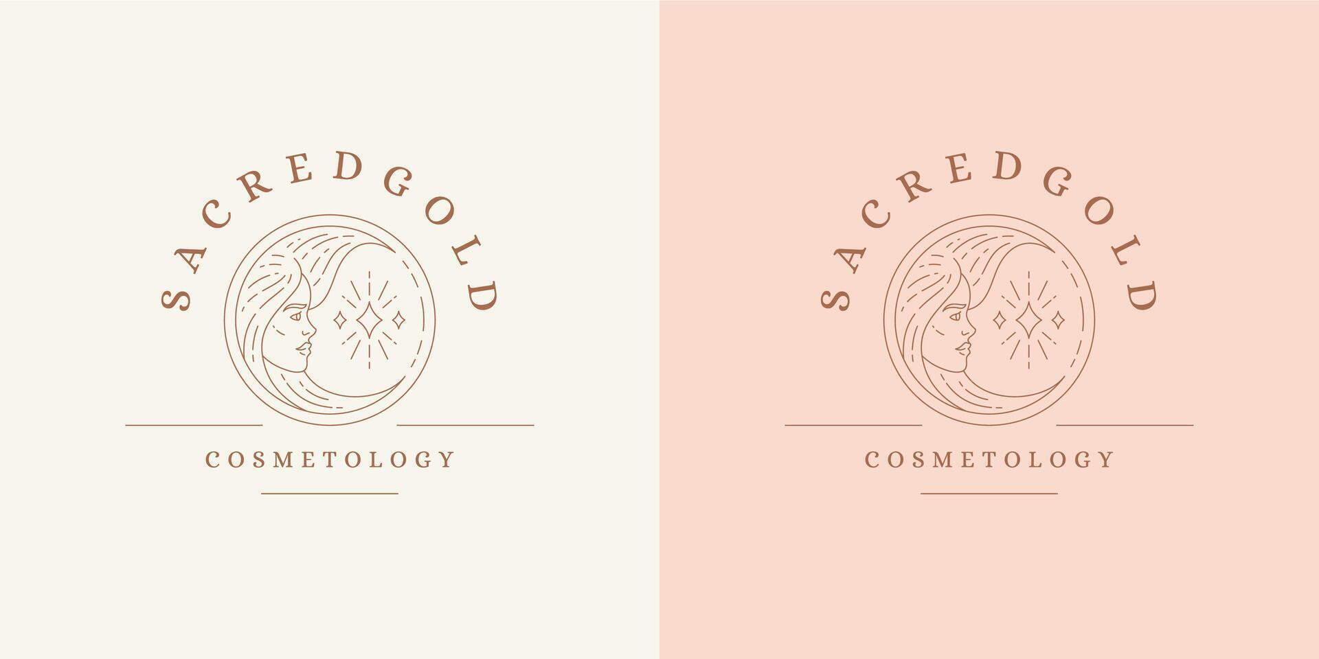 Female portrait as moon crescent logo emblem design template illustration in minimal line art style vector