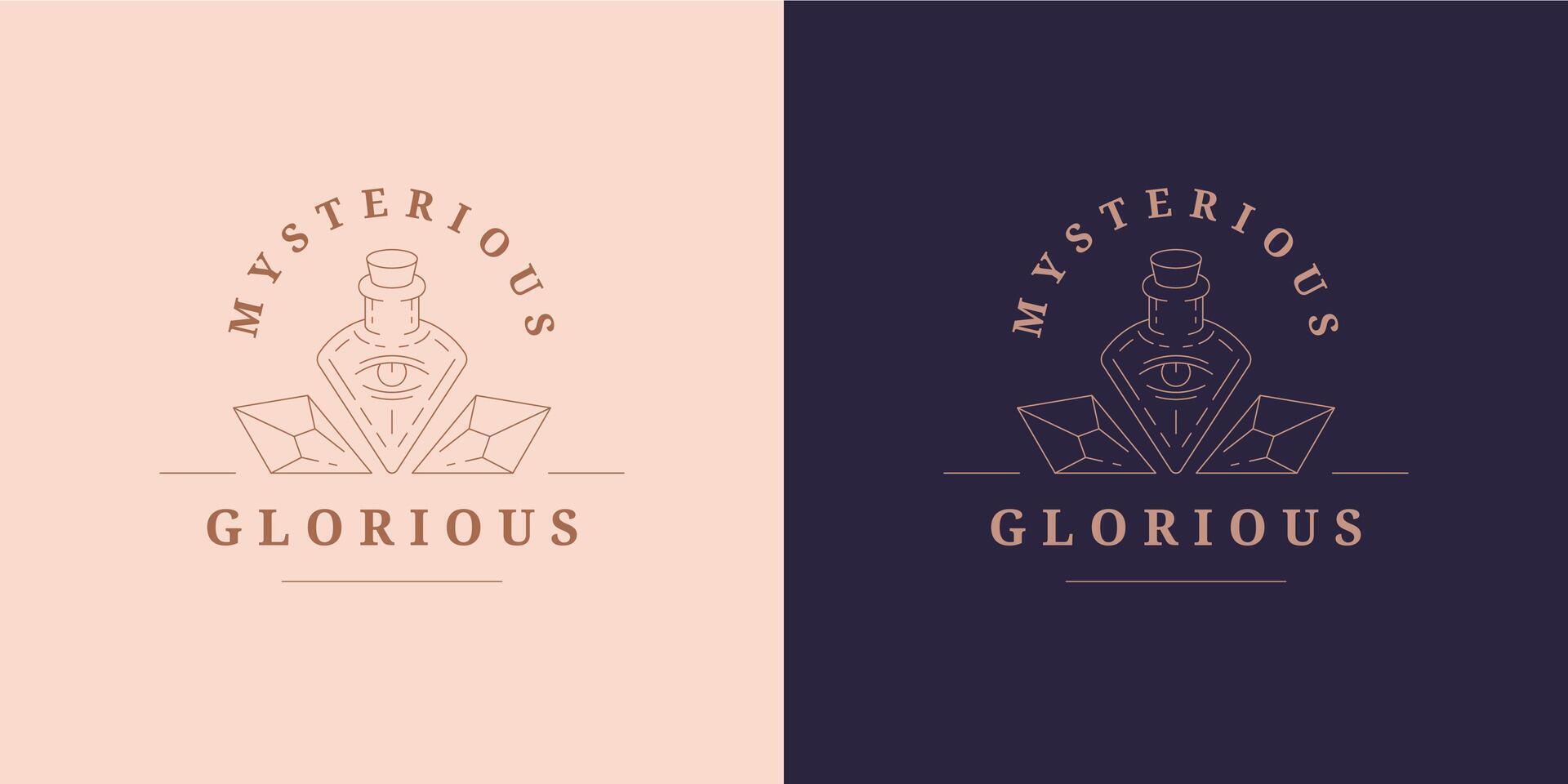 Magic vial with gemstones logo emblem design template illustration in minimal line art style vector