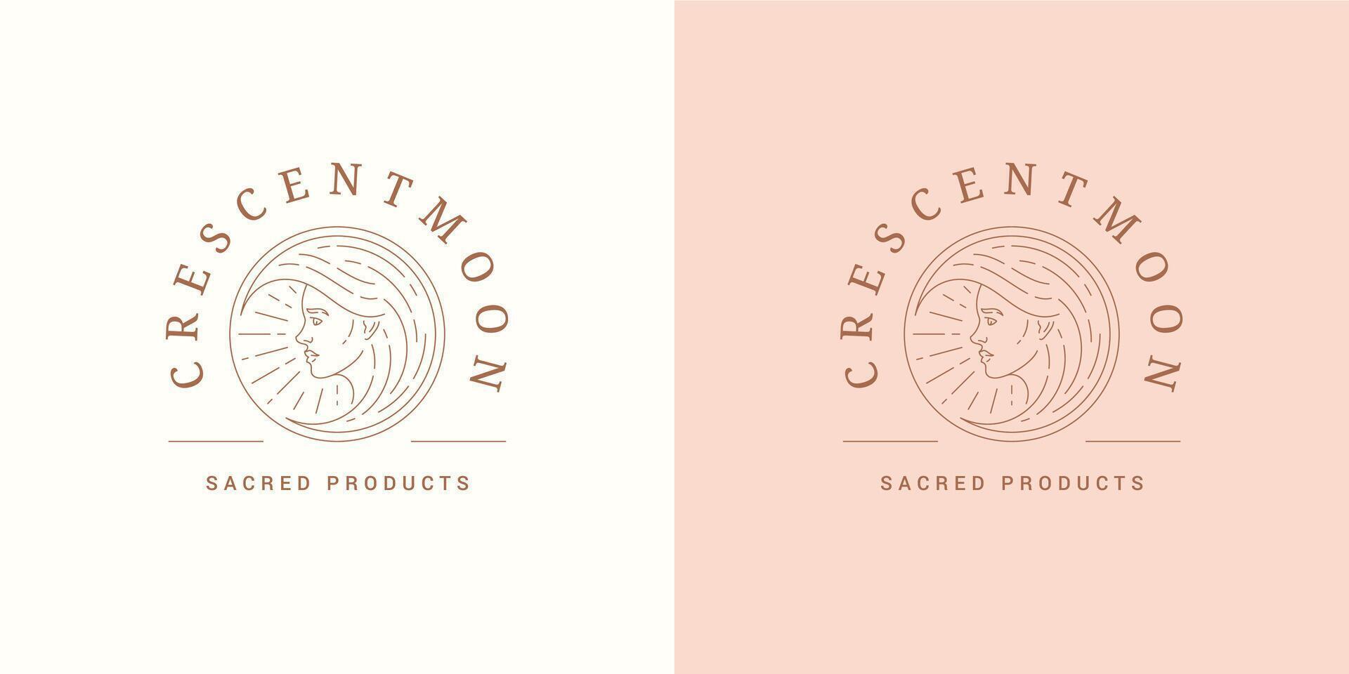 Female portrait as moon crescent logo emblem design template illustration in minimal line art style vector