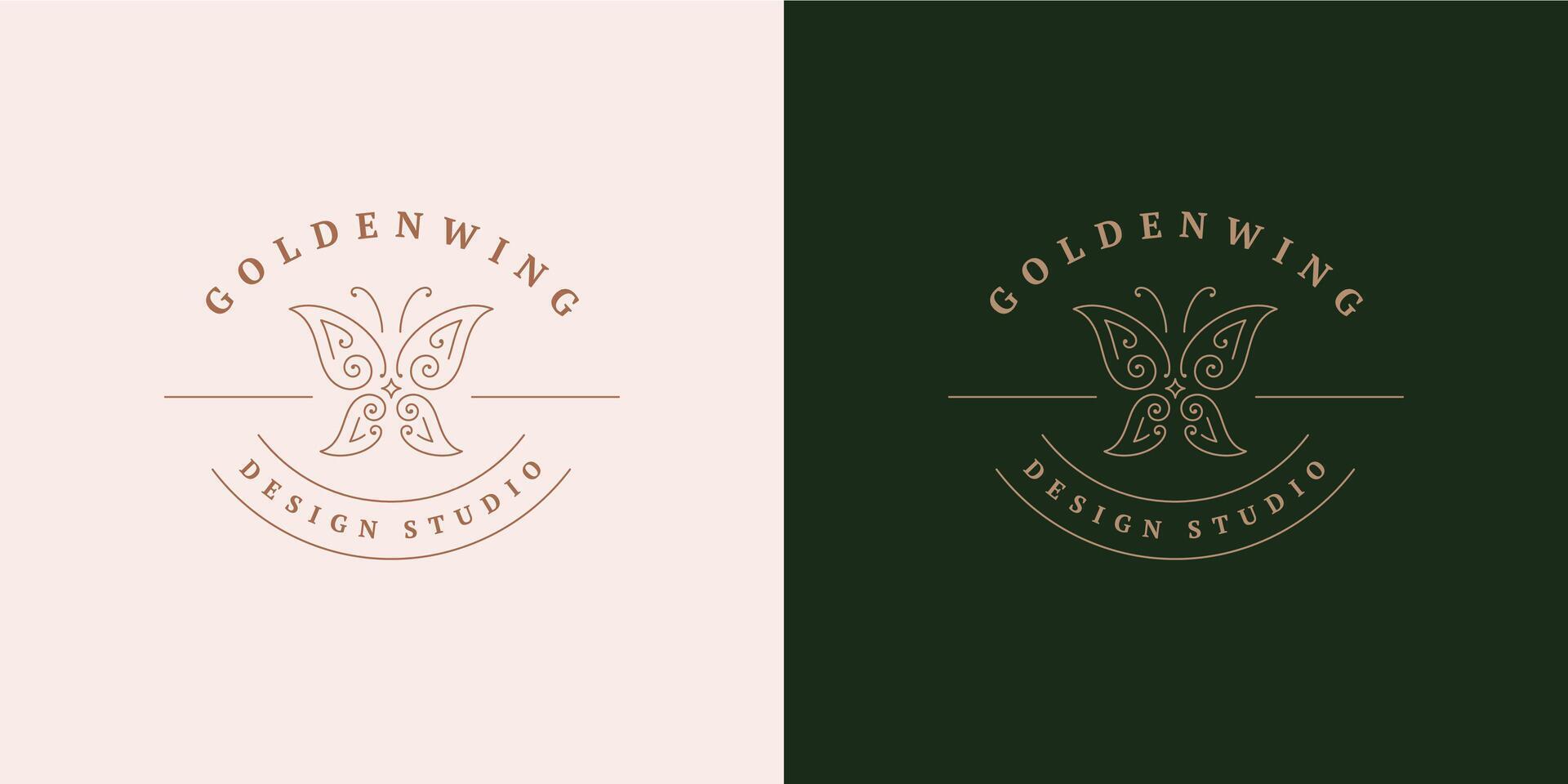 Delicate butterfly logo emblem design template illustration in minimal line art style vector
