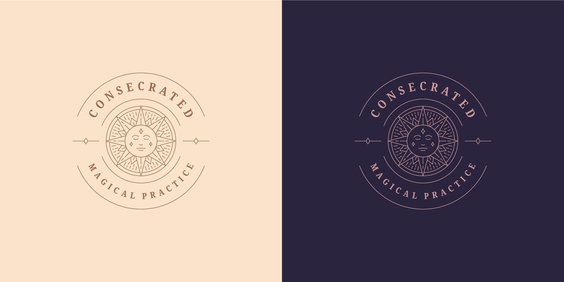 Magic sun with human face logo emblem design template illustration in minimal line art style. vector