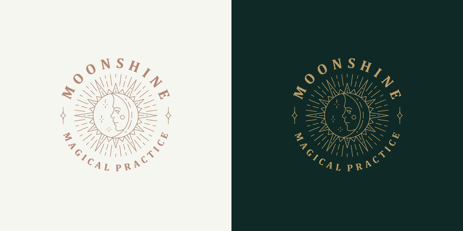 Sun and moon with female face logo template linear illustration vector